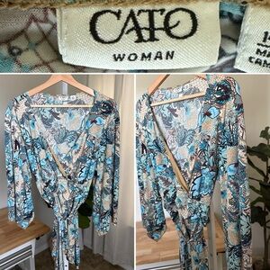 Cato Women’s Tie Waist Colorful Floral V Neck Wrap Long Sleeve Blouse Sz 14/16W